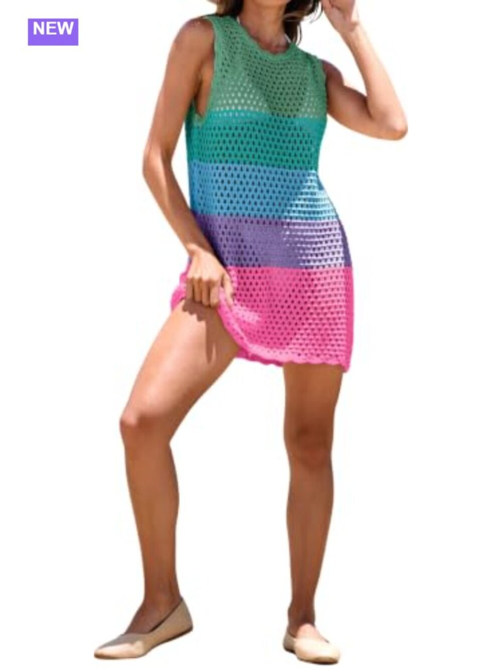 Crochet Mini Dress Cover Up Hollow Out Mesh Sleeveless Beach Swimwear